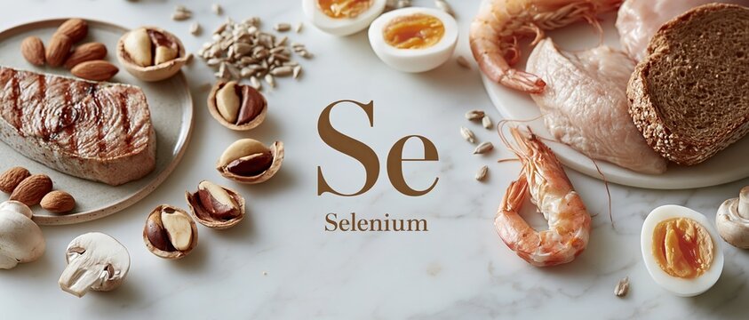 Elegant flat lay of seleniumrich foods on marble brazil nuts, shrimp, steak, egg, chicken, mushroom, seeds, bread. Ideal for nutrition guides, health blogs, supplement branding.
