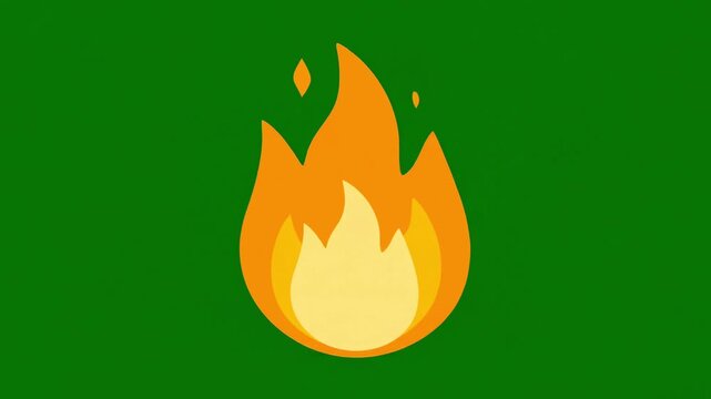 Animated minimal fire flame icon flickering against a green screen background with subtle particle effects