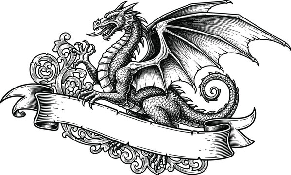 Vintage Medieval Dragon with Ribbon Scroll Banner and Baroque Ornaments Woodcut Sketch Engraving Style Mythological Creature Heraldic Crest Design Vector Illustration