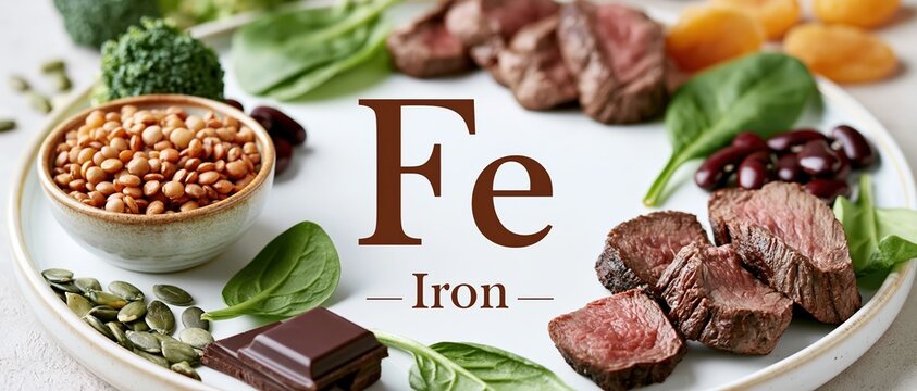 Boost vitality with ironrich superfoods arranged on a white platered meat, lentils, spinach, kidney beans, pumpkin seeds, broccoli, dark chocolate, and dried apricots. Perfect for health.
