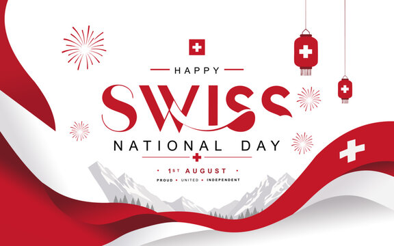 Modern Swiss National Day illustration featuring Swiss flags, alpine mountains, lanterns, and fireworks celebrating August 1st. Perfect for banners, posters, social media.