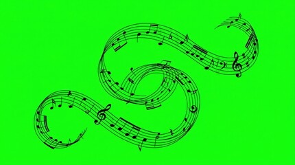 Naklejka premium Musical Melody Swirl: A flowing musical staff, adorned with black notes and symbols, elegantly spirals against a vibrant green backdrop, creating a dynamic representation of music and melody.