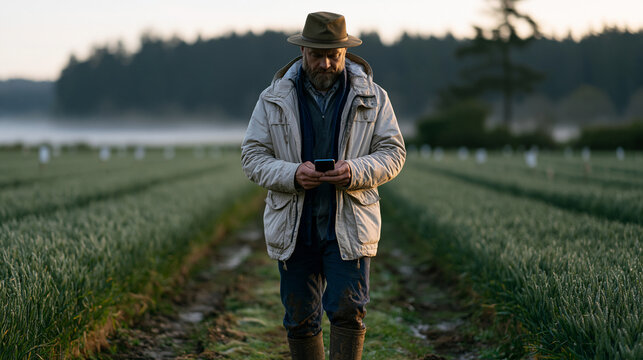 Agronomist walking a winter wheat trial at early morning mist, recording tiller counts and leaf disease observations into a field scouting app, experimental plot markers