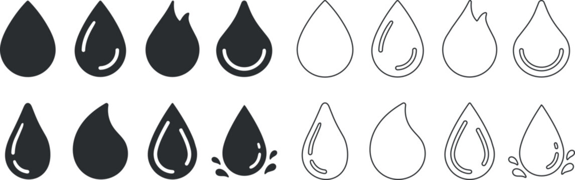 Set of water drop and flame drop icons in solid and outline styles