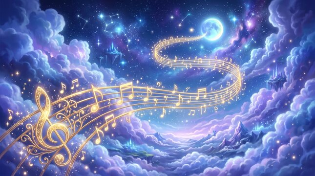 Celestial Symphony: A mesmerizing musical score weaves through a dreamlike, starlit sky filled with ethereal clouds and a luminous moon. A representation of dreams, inspiration.