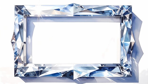Faceted crystal frame, frontal view for border and copy space, watercolor illustration, bright sparkling light, isolated on white background.