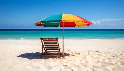 Obraz premium Beach chairs and umbrellas on a sunny tropical beach by the sea with blue sky and soft sand