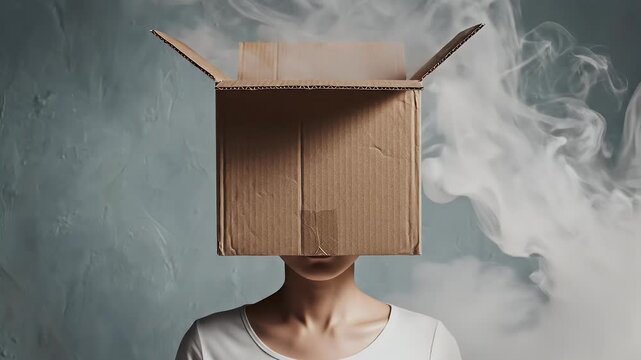 Person with cardboard box over head, enveloped in white smoke