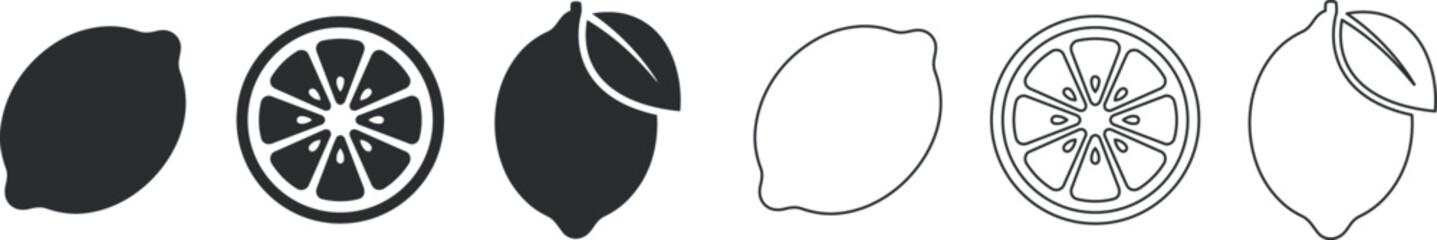 Obraz premium Lemon and lemon slice icons with solid and outline styles