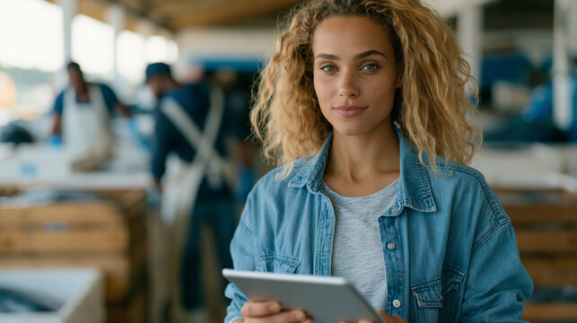 Sustainable seafood traceability consultant reviews blockchain harvest entries at a fish auction floor, dock workers in aprons moving tuna crates in the background, the digital