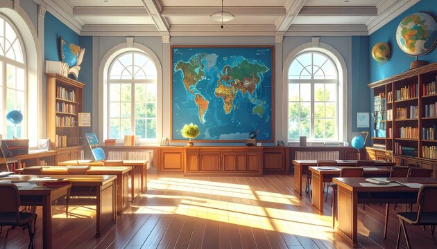 Empty classroom with world map and books, wide angle view for educational learning, realistic digital illustration, bright natural sunlight through large arched windows background.