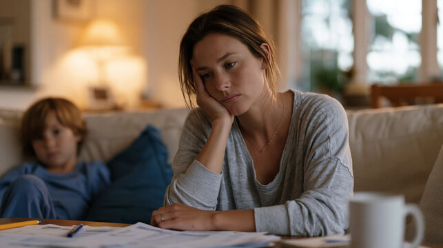 Exhausted mother on living room couch surrounded by enrichment activity printouts for gifted child, overwhelmed expression, child visibly disengaged at coffee table, overachiever