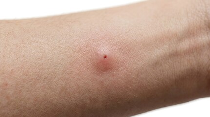 Fototapeta premium Close-up macro view of a red insect bite or sting on human skin, showing a small pustule and inflamed area, medical dermatology concept, skin irritation and allergic reaction detail