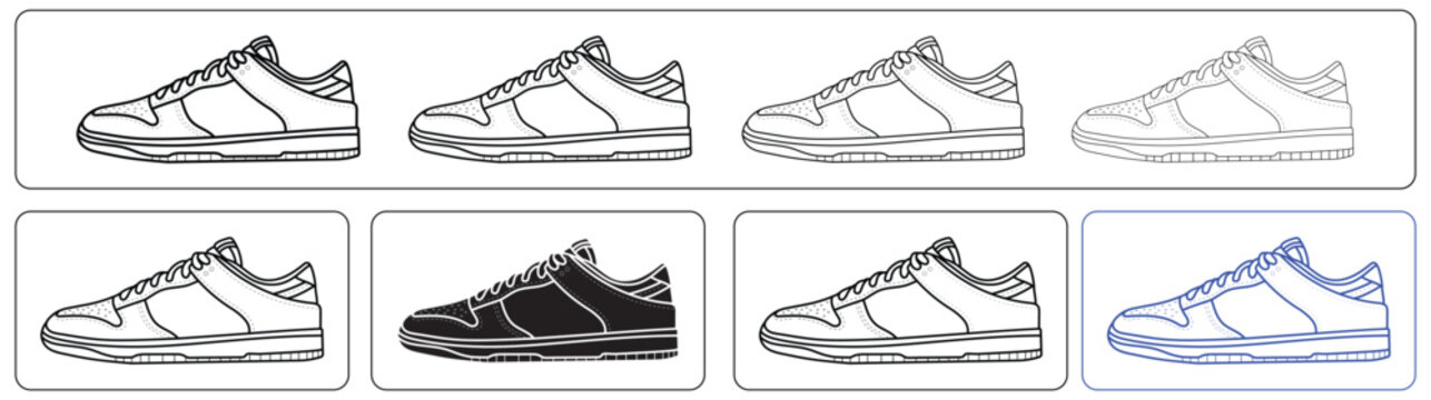 Sneaker design resource pack featuring editable vector outlines, multiple line weight options, and black-and-white filled artwork variations. Ideal for footwear design, graphic collaterals.