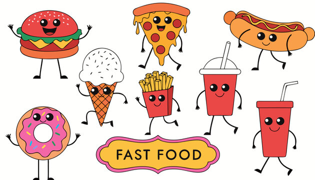 Very beautiful colorful vector illustration featuring a FAST FOOD GROOVY CARTOON CHARACTER SET including cheerful burger, pizza slice, hot dog, ice cream cone, french fries, coffee cup, donut, and sod