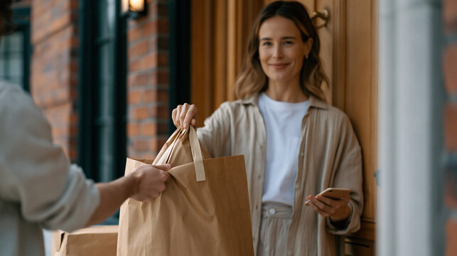 courier handing insulated grocery delivery bag directly to woman at apartment doorstep, she lifting cold pack out of first bag, second bag still sealed beside door mat, phone with