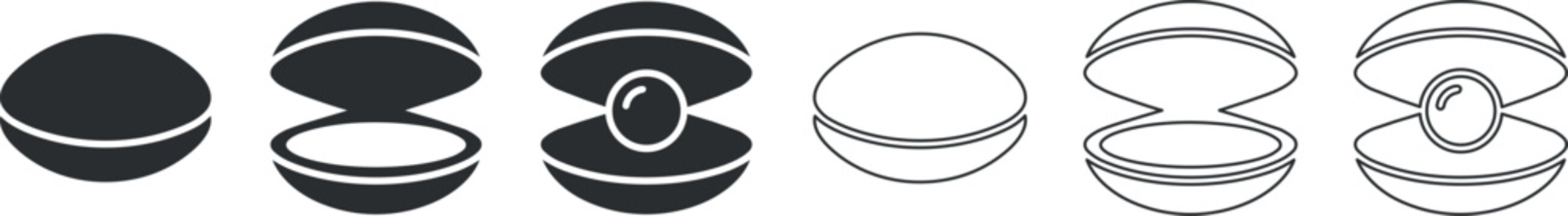 Clam shell with pearl in open and closed positions silhouette icons set