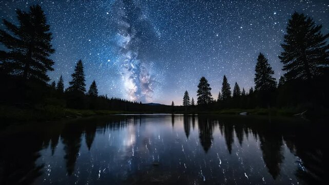 A serene lake reflects a star-filled night sky and silhouetted trees