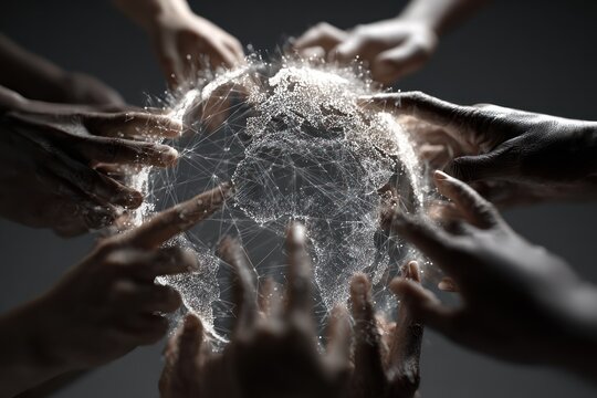 Hands encircle digital globe