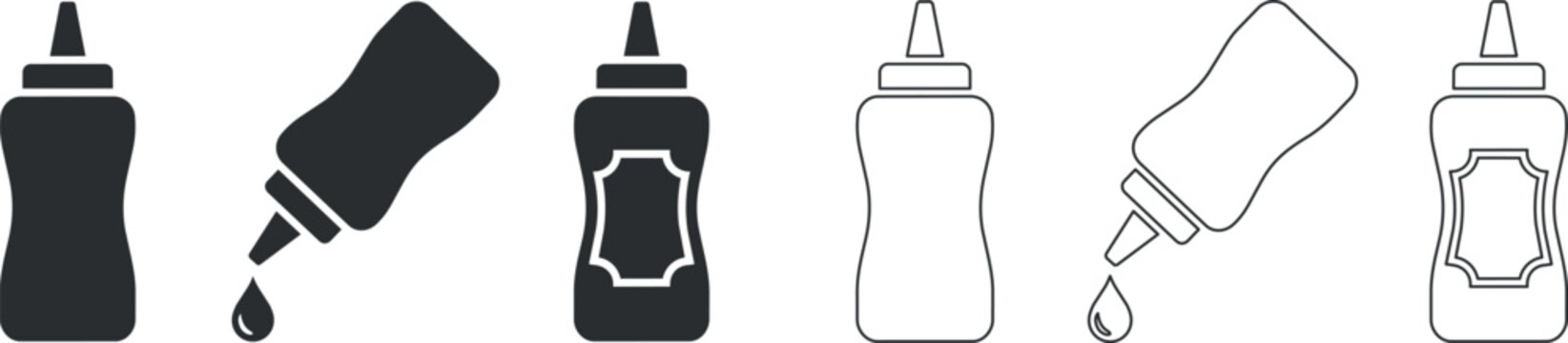 Condiment squeeze bottle set with drop icon variations