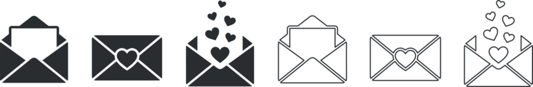 Set of six love letter envelopes with heart symbols and open flaps