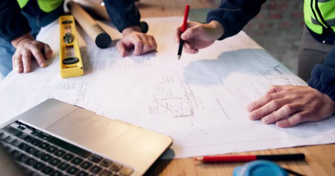 Architect, hands and team with blueprint for building design, planning or construction on site. Contractor, civil engineer or people with floor layout for brainstorming structure safety or security