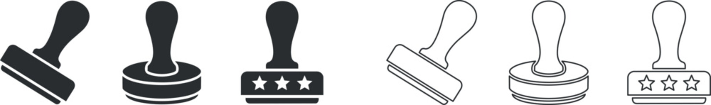 Rubber stamp icons with star detail in solid and outline styles