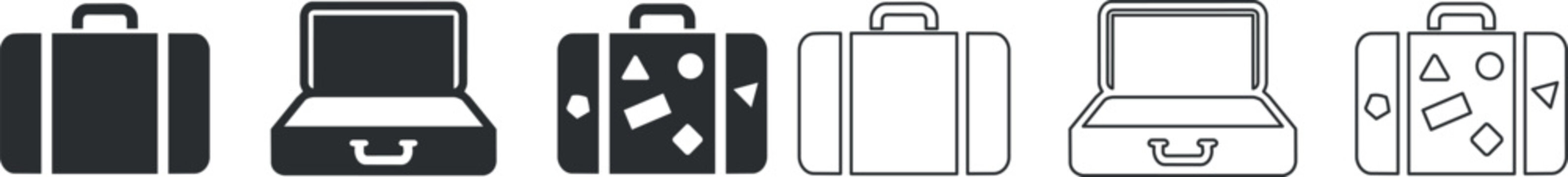 Set of solid and outline luggage suitcase icons including open and closed cases