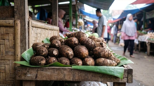 Fresh Taro Roots Displayed on Banana Leaf at Traditional Indonesian Market