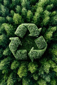Aerial view of a recycling symbol made of forest trees as a global ecology and conservation concept.