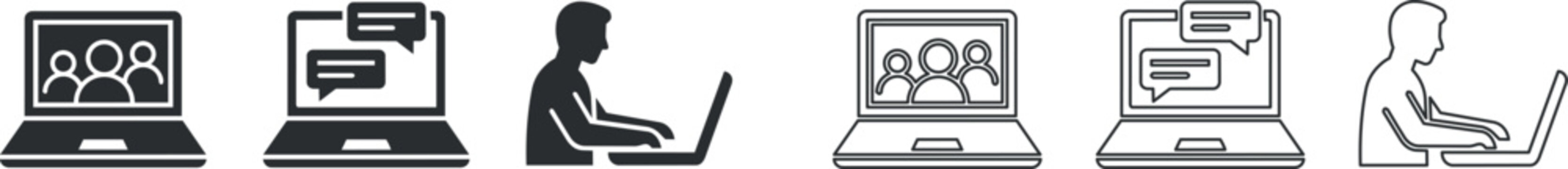 Set of laptop icons showing video call, chat, and person typing