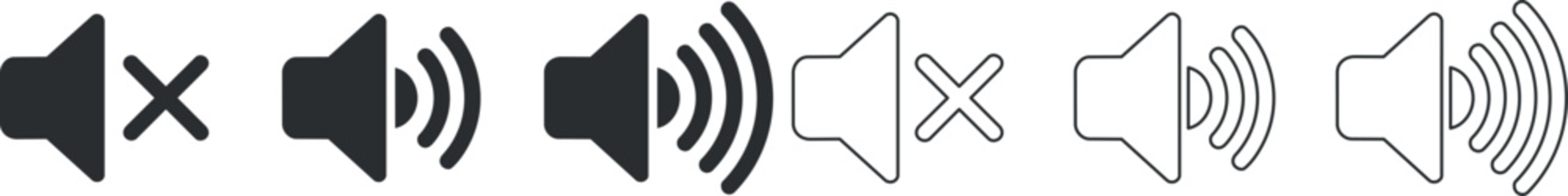 Sound volume and mute icons set showing different audio levels and states