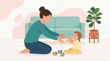 Obraz premium Mother and baby playing together with colorful toy blocks on the floor