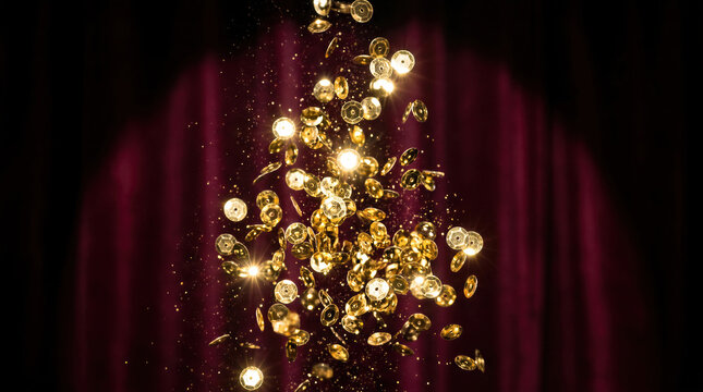 Gold sequins falling with sparkling lights on dark red background, luxury celebration background for party or festive event