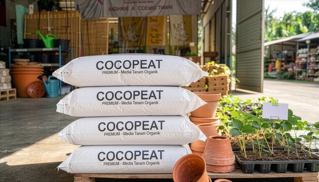 Stacked white bags of premium cocopeat organic growing media at garden shop