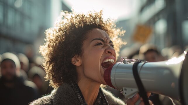 Powerful street rally moment featuring a Black woman using a megaphone to address a crowd