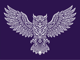 Fototapeta premium Intricate Owl Mandala Illustration with Spread Wings on Purple Background.