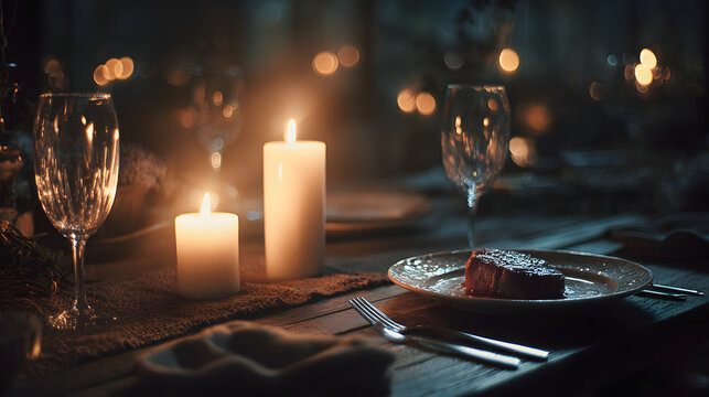 Candle light dinner with steak on rustic wooden table, two glowing pillar candles and empty wine glasses creating cinematic moody atmosphere for intimate meal