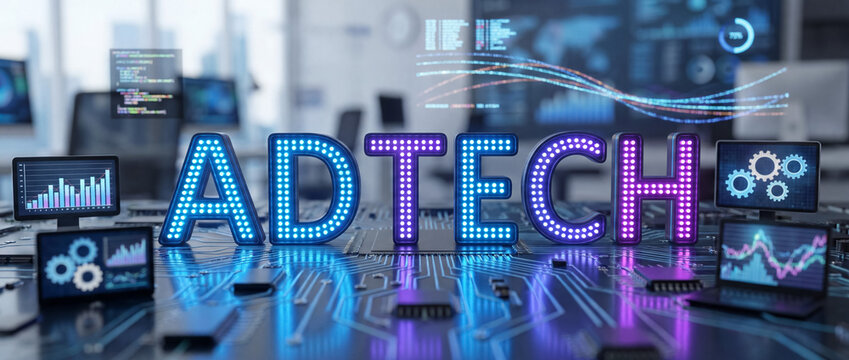 Adtech concept with glowing letters on a circuit board, showing data analysis and programmatic advertising technology