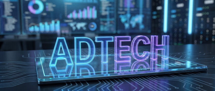 Adtech concept glowing over a tablet in a futuristic data analytics room, showing digital marketing technology and big data processing