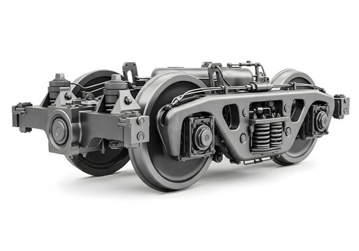 Detailed view of a modern industrial railway freight bogie with mechanical components in studio lighting