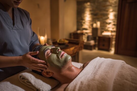 Relaxing mud mask facial for men in a serene spa room