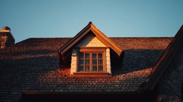 Residential exterior featuring shingles, dormer window, and tranquil neighborhood
