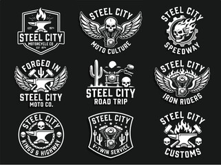 Fototapeta premium Steel City Motorcycle and Custom Shop Vintage Badge Collection with Skulls and Wings.