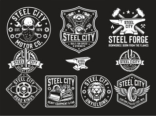 Fototapeta premium Vintage Industrial and Automotive Logo Collection Featuring Steel City Motor Co and Steel Forge Badges.