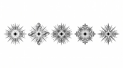 Obraz premium Black and white illustrations of five snowflakes with intricate designs on a plain background