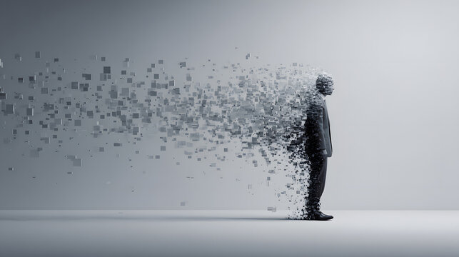 Digital person dissolving into pixels standing side view abstract concept gray background motion effect human body digital fragmentation black suit minimal scene identity loss