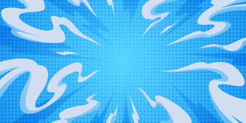 Manga background with dynamic smoke effect and halftone pattern for comic scenes. Anime style explosion burst with radial energy impact. Cartoon cloud of power momentum and cool manga aesthetic. © vectorpouch