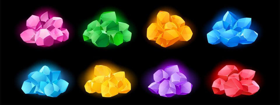 Game gem collection - treasure piles with colorful nuggets and diamond crystals. Cartoon vector icons of jewelry stones for UI design. Fantasy pirate gaming elements of jewel nugget assets.