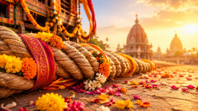 Traditional ratha yatra ceremonial rope decorated with marigold flowers and colorful fabric near temple chariot during sacred indian festival procession at sunrise